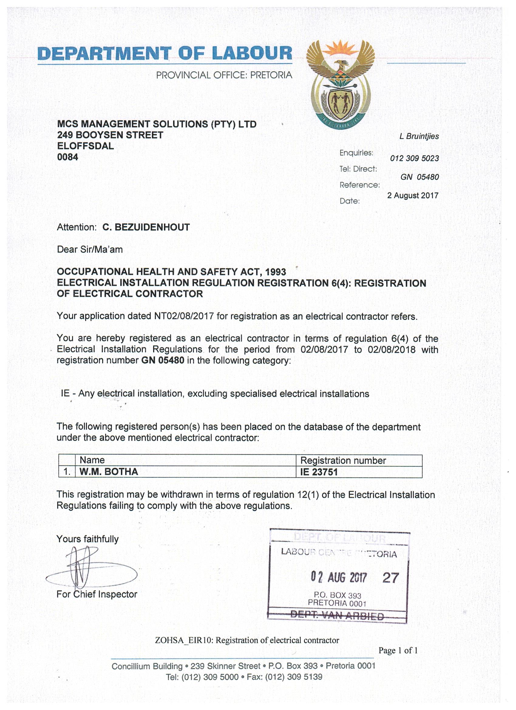 MCS Managment Solutions - Department of Labour - Electrical Letter